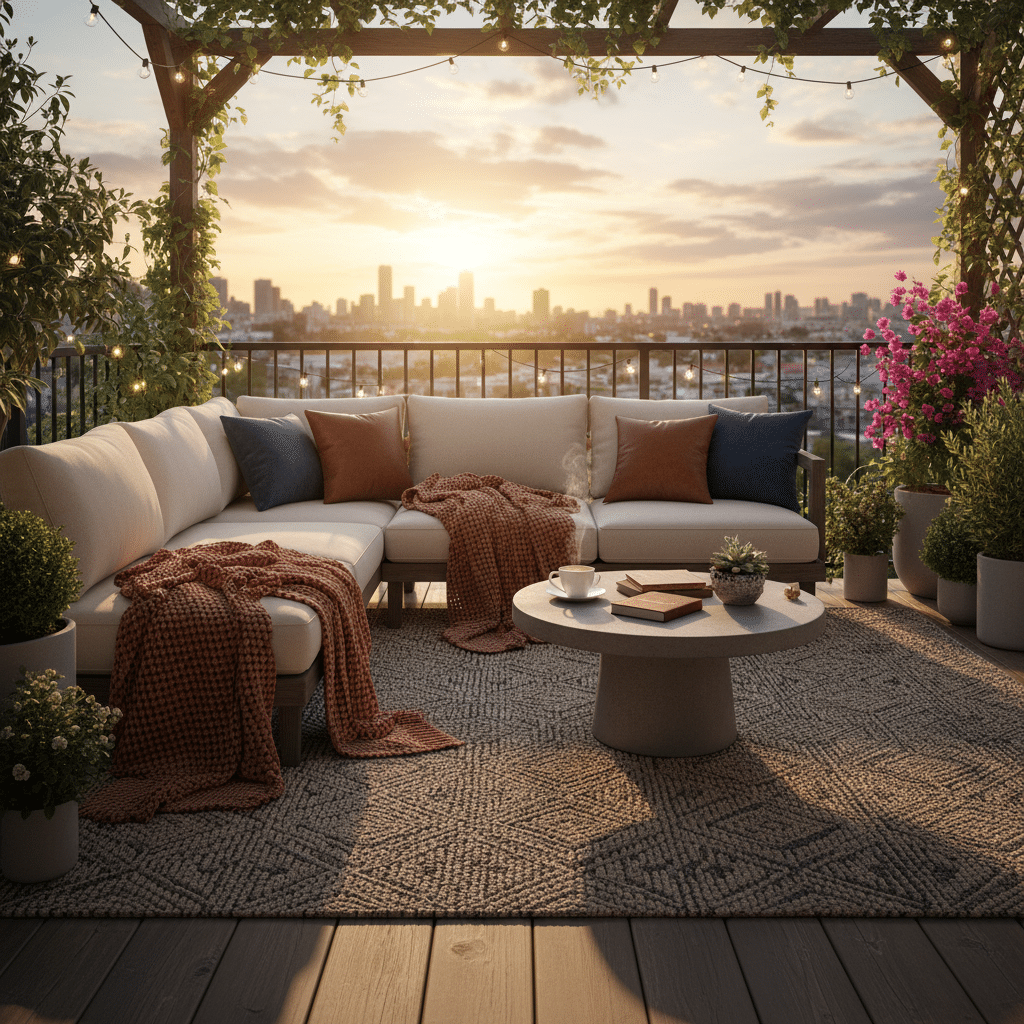 image - Handy Home Cozy rooftop terrace with comfy seating, plants, and a city skyline at sunset. Perfect for relaxation and gatherings.