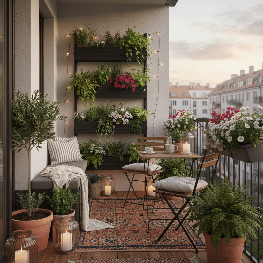 image - Handy Home Cozy balcony with lush plants, wooden furniture, and ambient lighting during sunset; perfect for relaxing outdoors.
