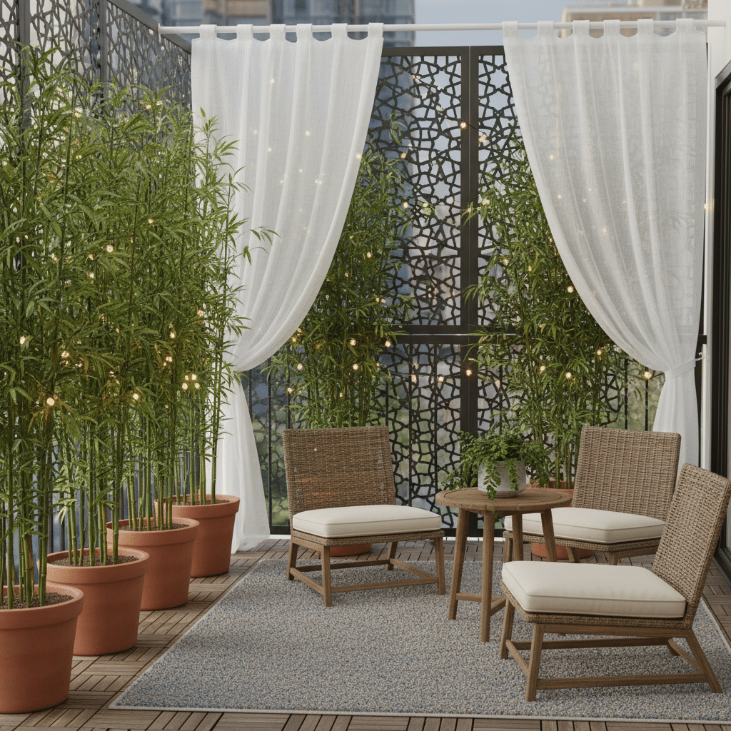 image - Handy Home Cozy balcony seating area with wicker chairs, a wooden table, bamboo plants, and sheer curtains. Urban oasis with a serene vibe.