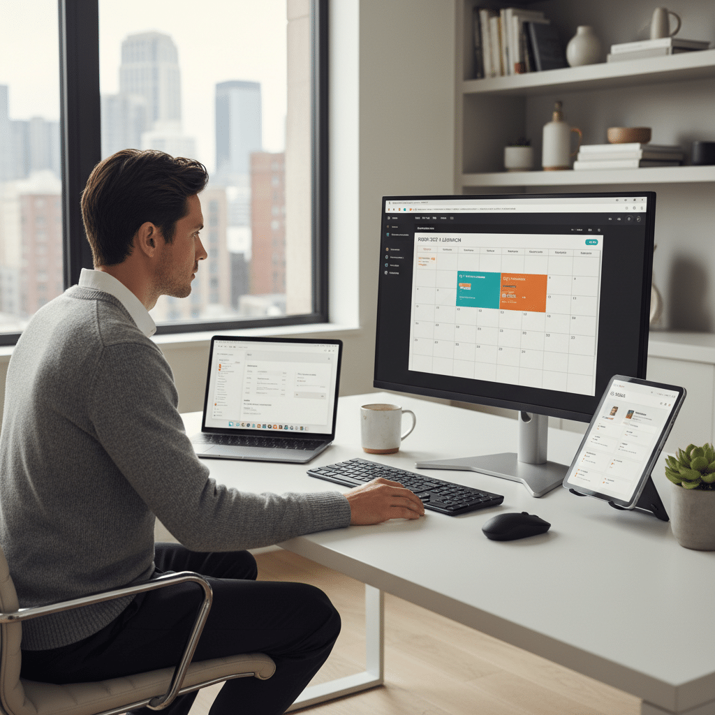 Man working at a desk with multiple screens displaying calendar and task management tools in an urban office setting.