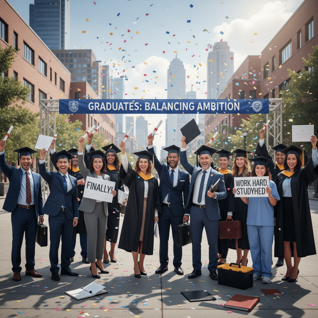 Graduates celebrating with diplomas and signs under a banner, confetti falling. Urban setting, success and ambition theme.