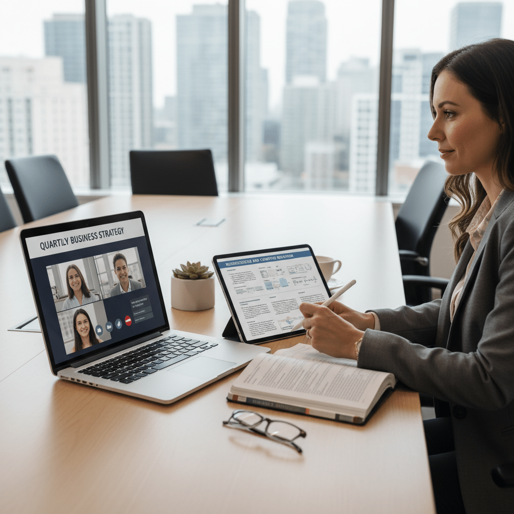 Businesswoman in virtual meeting with documents and digital tablet in modern office, cityscape view.
