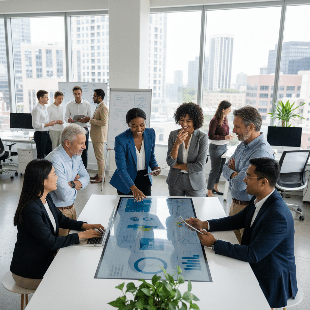 image - Handy Home Diverse team collaborates around a digital table in a modern office, analyzing business data and strategy with city views in the background.