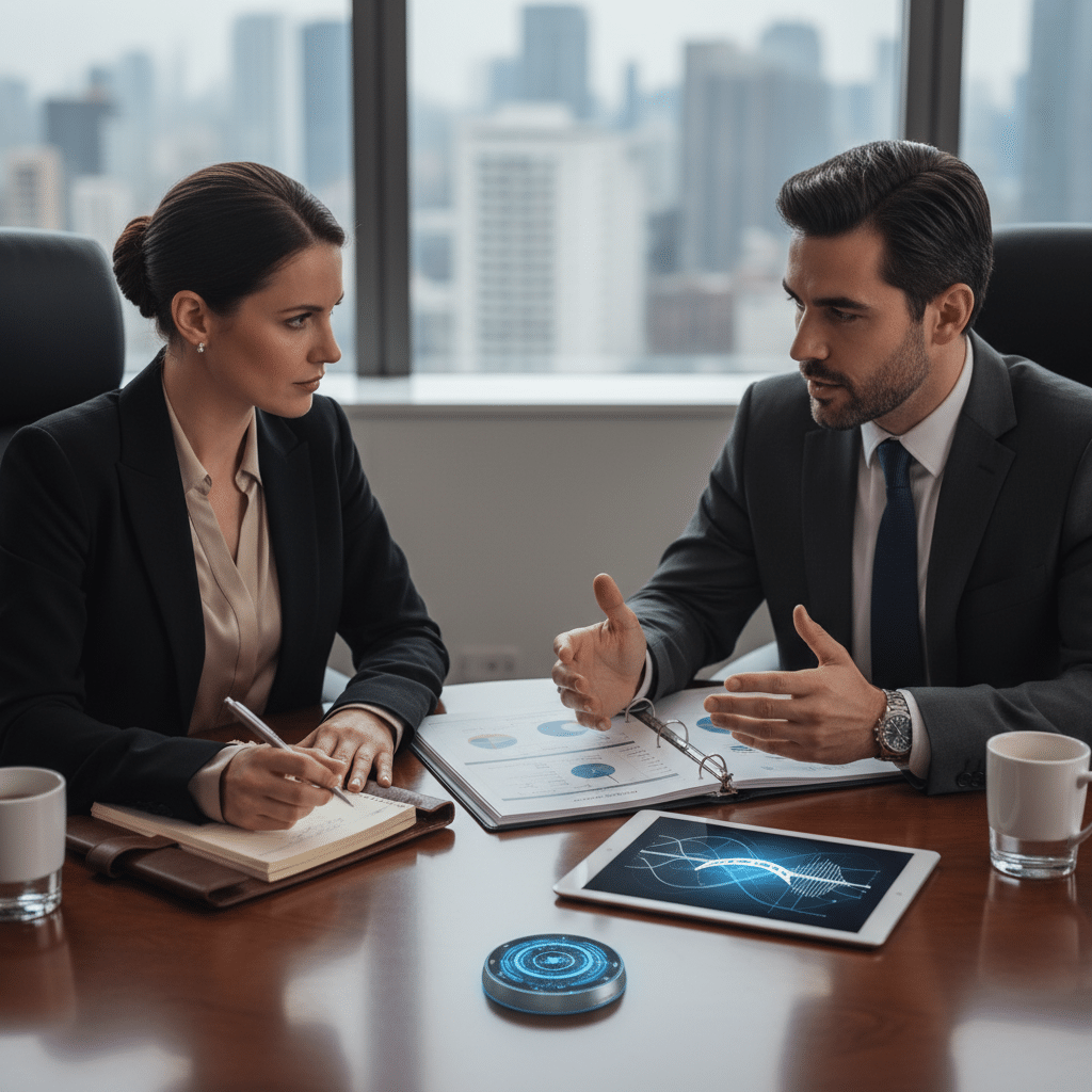 image - Handy Home Business meeting in modern office with two people discussing technology and data on a tablet, cityscape view in background.