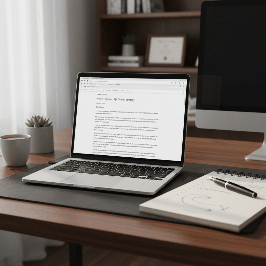 image - Handy Home Laptop on desk displaying a project proposal, with a notebook, pen, and coffee cup; modern, professional workspace setup.