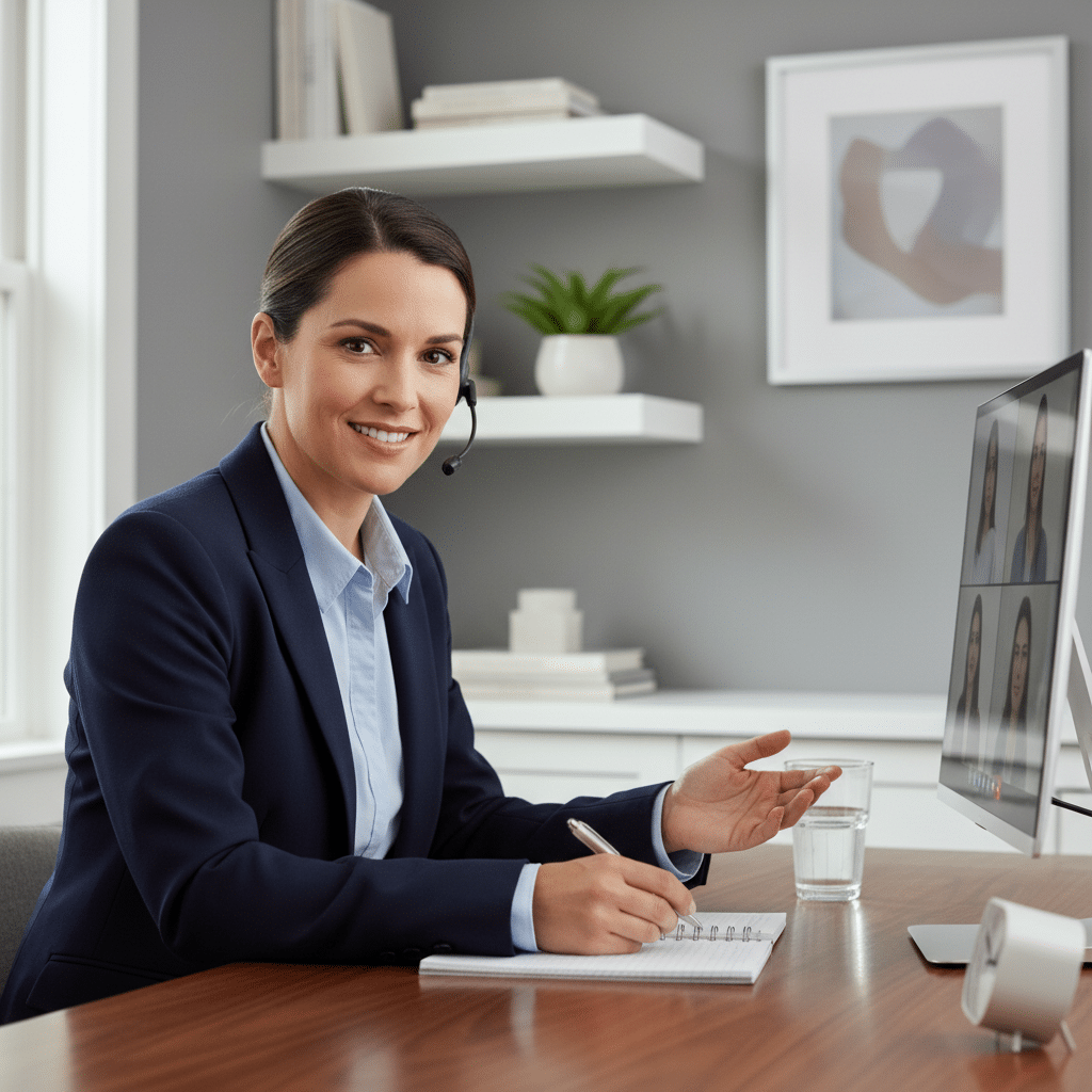 image - Handy Home Professional woman in a video call meeting, wearing a headset and taking notes, in a modern office setting.