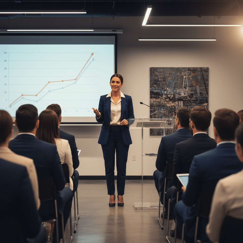 image - Handy Home Businesswoman presenting a growth chart during a conference, engaging audience in a modern meeting room.