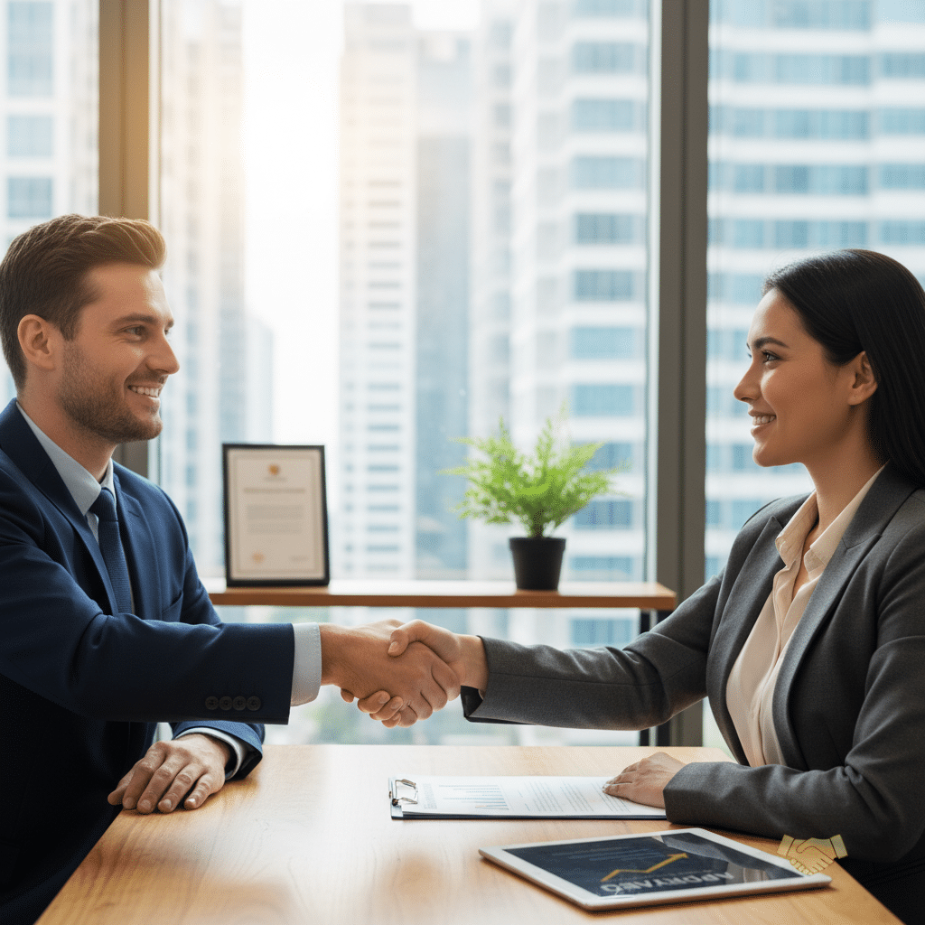 image - Handy Home Business professionals shaking hands in a modern office with city view, signifying a successful agreement.