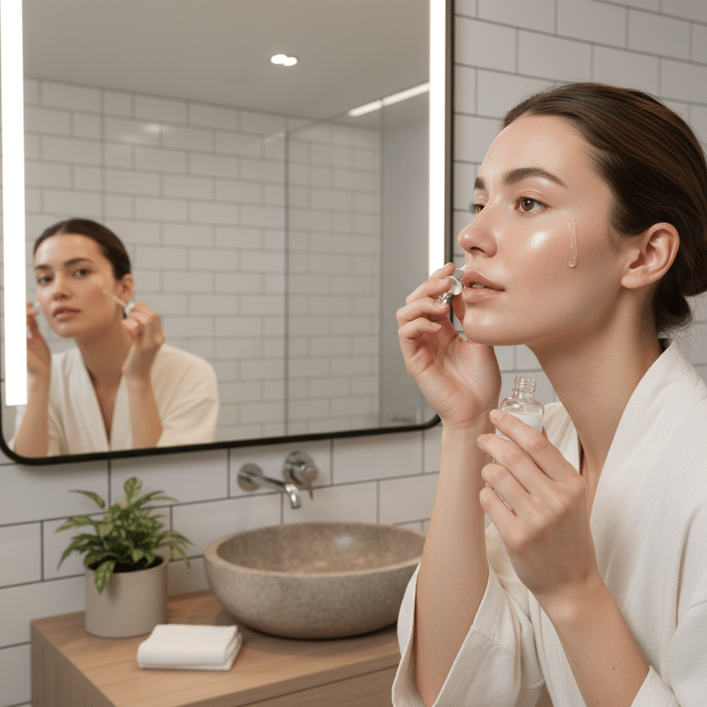 image - Handy Home Woman applying skincare serum in a modern bathroom, enhancing radiant skin while gazing in a large mirror.