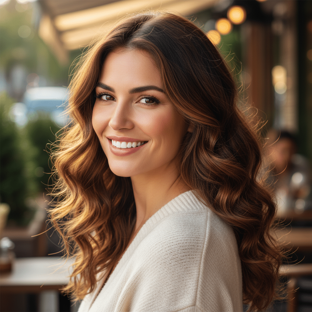 image - Handy Home Smiling woman with wavy brown hair in a cozy outdoor café setting.