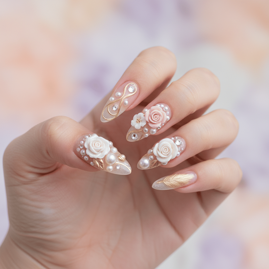 image - Handy Home Elegant 3D floral nail art with pearls and rhinestones on a woman's hand, featuring pink and white roses.