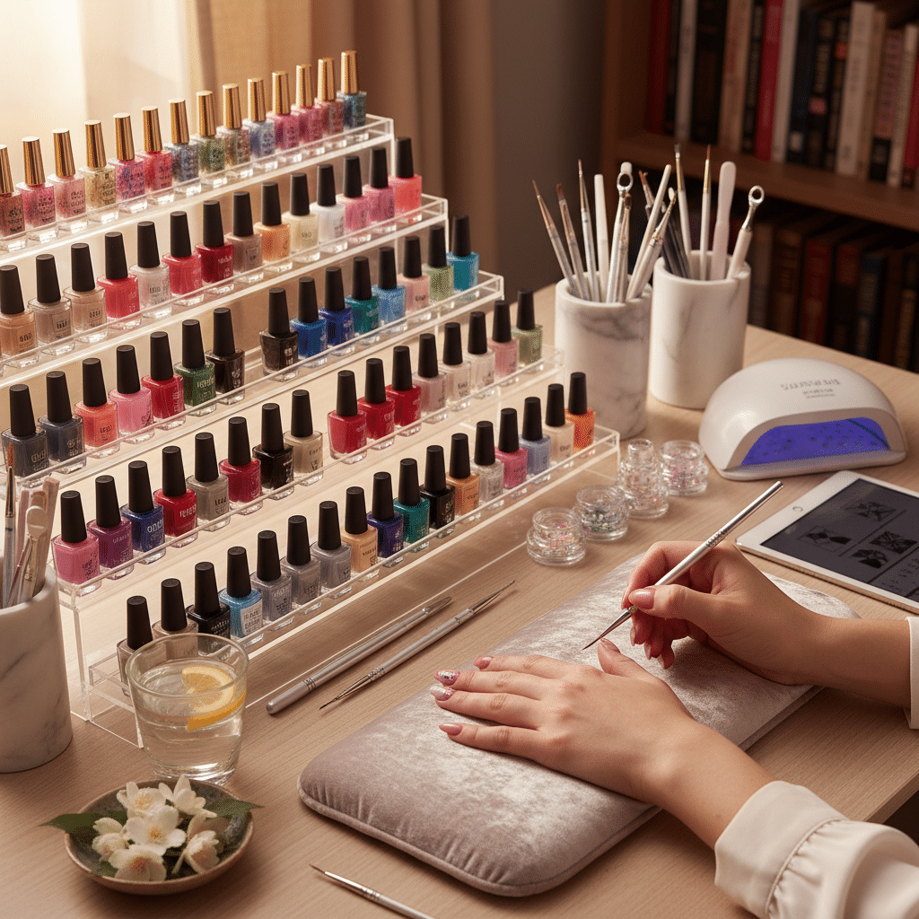image - Handy Home Nail artist creating intricate designs with extensive polish collection on a well-organized manicure desk, emphasizing creativity.