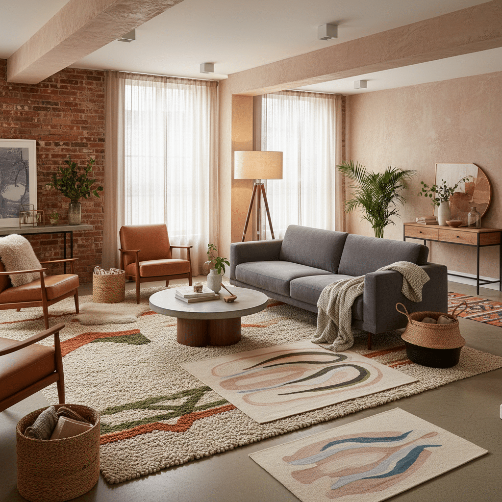 Modern living room with stylish furniture, cozy rugs, and natural light through large windows. Elegant decor for relaxing ambiance.