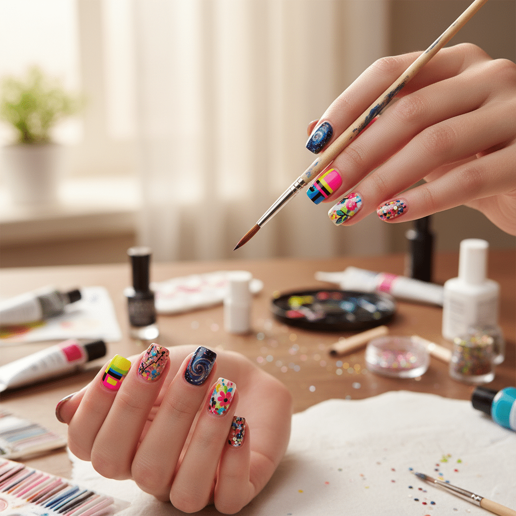 image - Handy Home Colorful hand-painted nail art with intricate designs using a fine brush, surrounded by nail art tools on a wooden table.