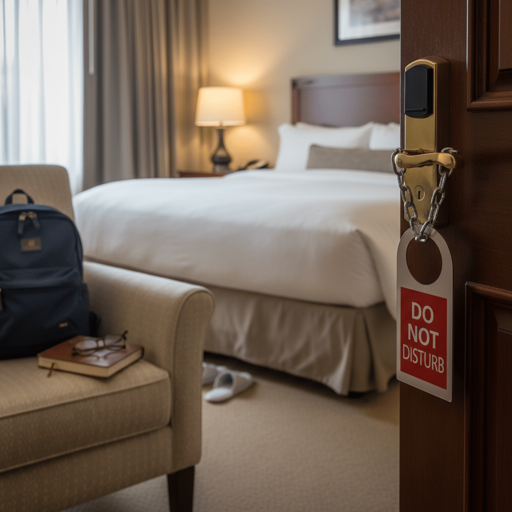 image - Handy Home Cozy hotel room with plush bed, armchair, and Do Not Disturb sign on door, ideal for a relaxing getaway or business trip.