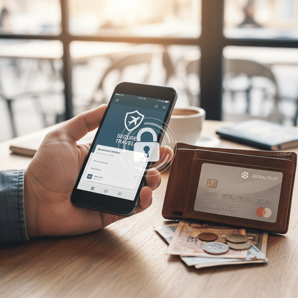 image - Handy Home Person using a secure travel app on a smartphone beside a wallet with a credit card and currency, highlighting travel security.