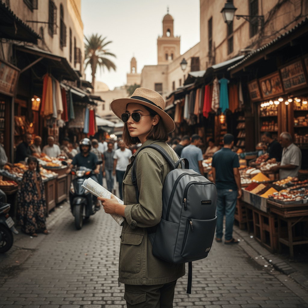 image - Handy Home Traveler explores a bustling Moroccan market street, wearing a hat and backpack, holding a map. Vibrant stalls surround her.