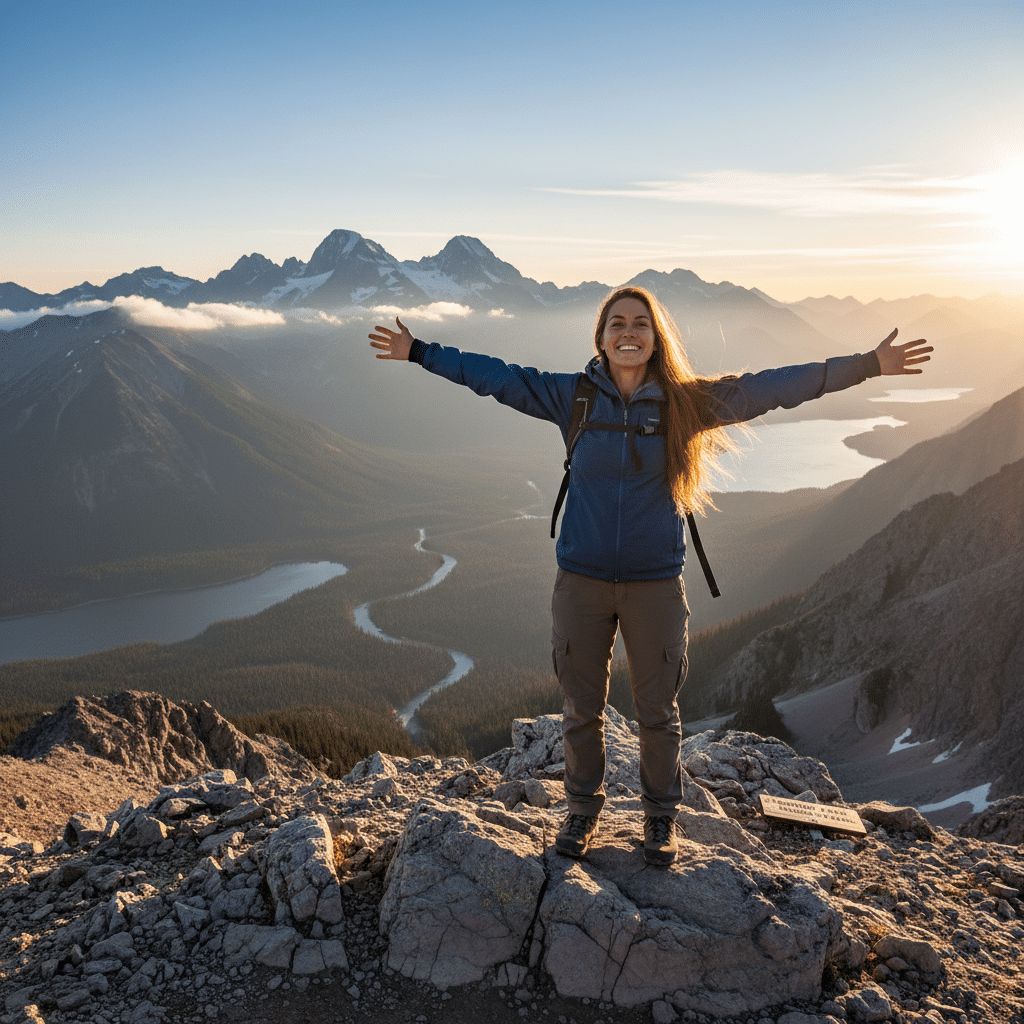 image - Handy Home Woman celebrating on a mountain peak at sunrise, overlooking a stunning valley and river. Adventure and freedom in nature.