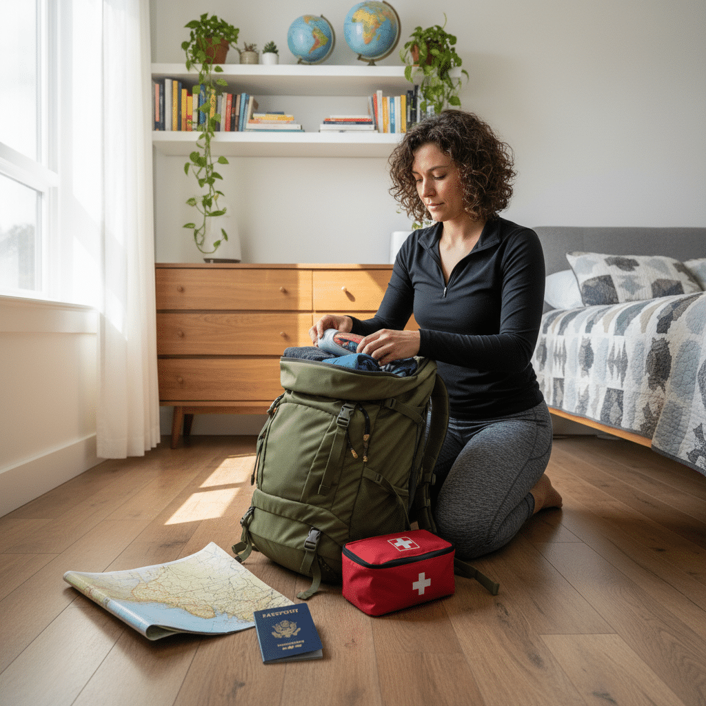 image - Handy Home Woman packing green backpack in cozy room with map, passport, and first aid kit on the floor, ready for travel adventure.