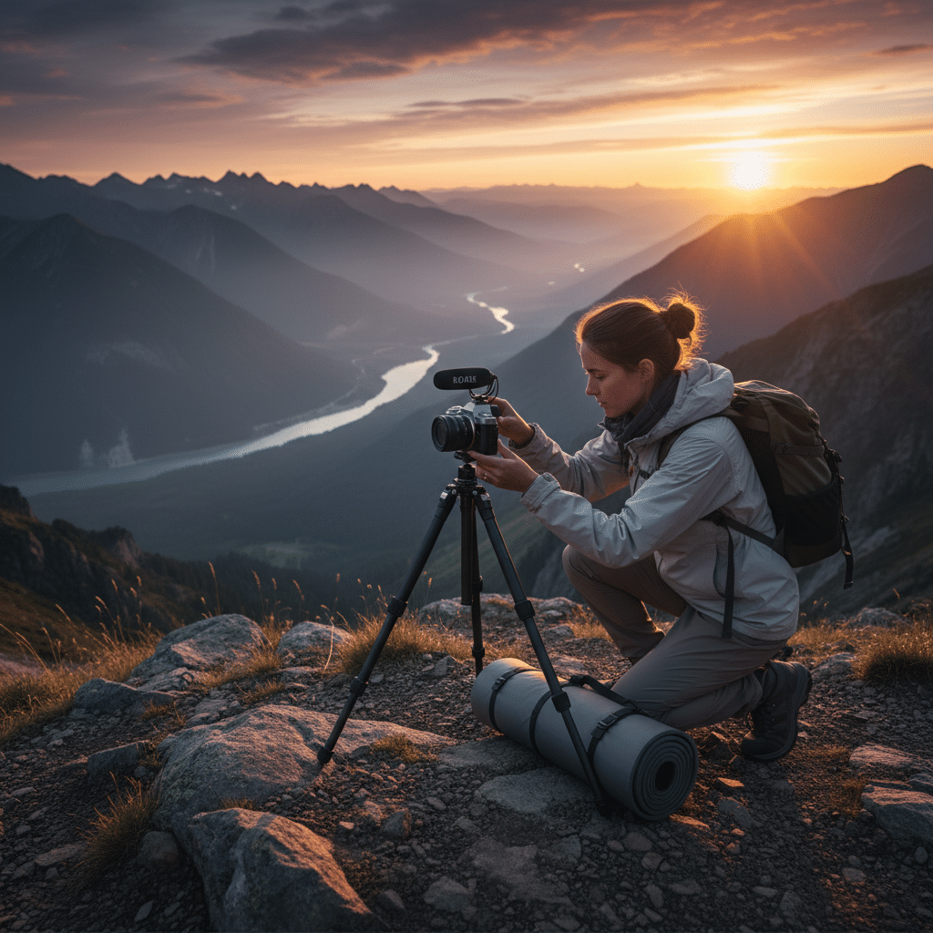 image - Handy Home Photographer capturing sunset over mountains, setting up camera on tripod with scenic view of winding river and vibrant sky.