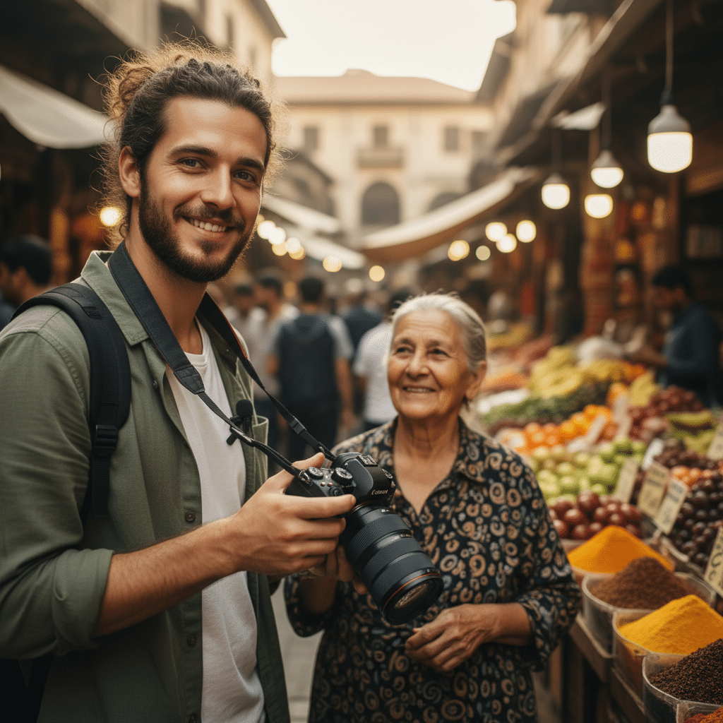 image - Handy Home Photographer in vibrant market with smiling local woman, surrounded by fruits and spices in warm lighting. Travel and culture exploration.