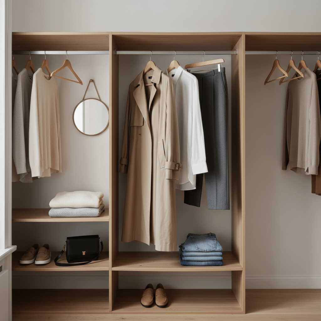 image - Handy Home Modern wardrobe with beige trench coat, sweaters, and accessories for a minimalist style. Perfect for a chic and organized closet.