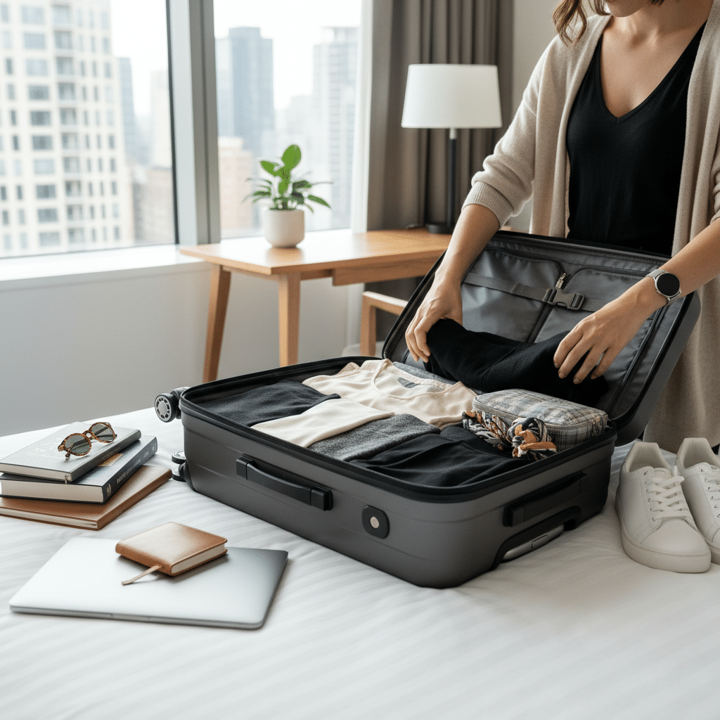 image - Handy Home Woman packing a suitcase on a bed in a modern hotel room with a city view, books, laptop, and white sneakers beside her.