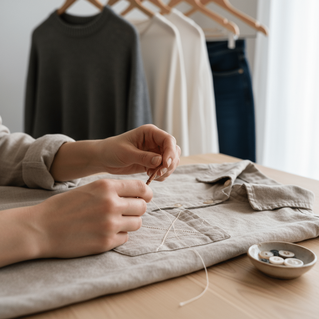 image - Handy Home Hands sewing a beige shirt on a table with buttons nearby; clothes hanging in the background.