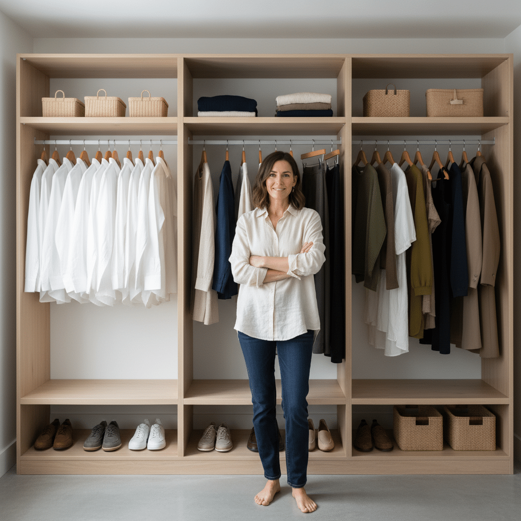 image - Handy Home Woman standing in organized wardrobe with neatly hung clothes and storage baskets, showcasing minimalist fashion style.