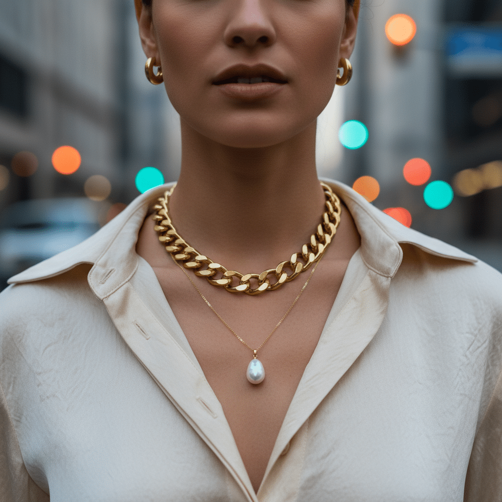 image - Handy Home Woman in silky blouse wears gold chain and pearl necklace, standing on a city street with blurred bokeh lights in the background.