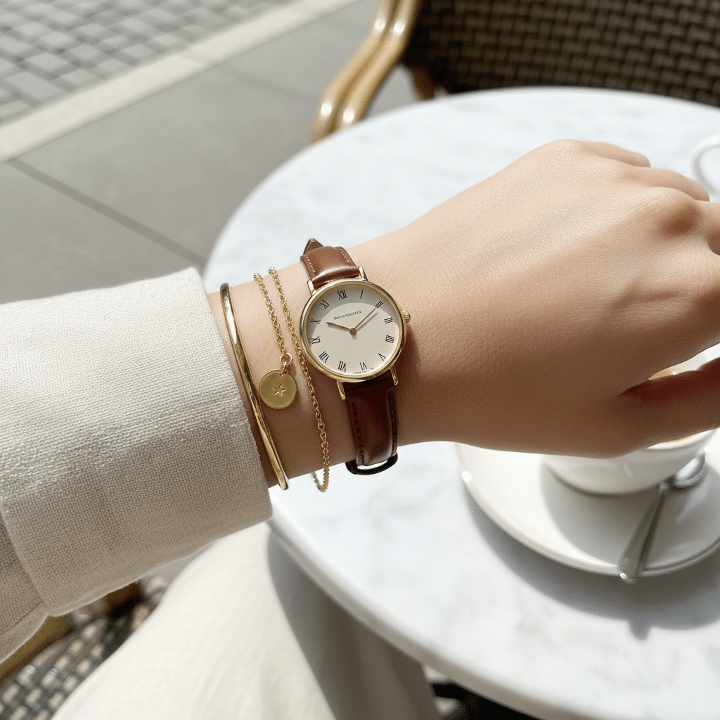image - Handy Home Elegant wristwatch with a brown leather band and gold bangles on a wrist, set against a chic café background.