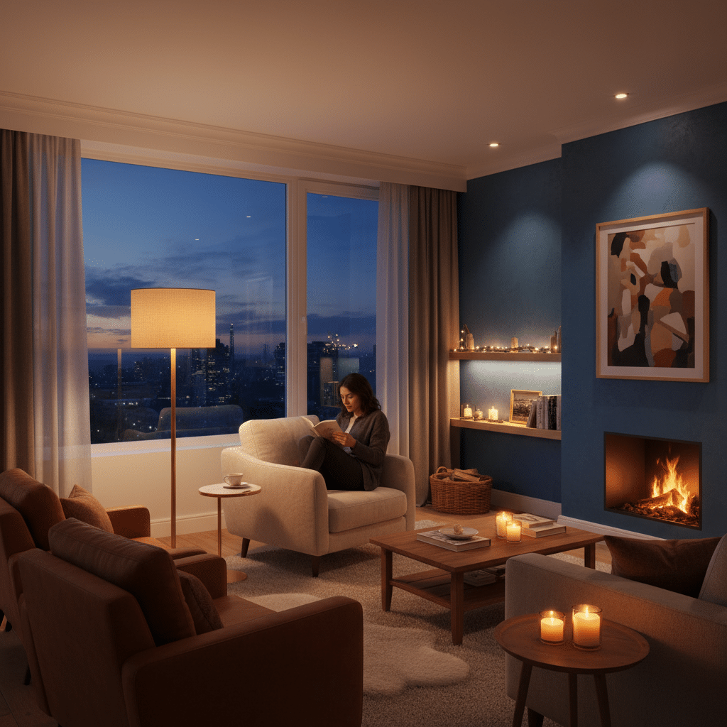image - Handy Home Cozy living room at dusk, woman reading by the window, candles and fireplace aglow. Warm, relaxing atmosphere.