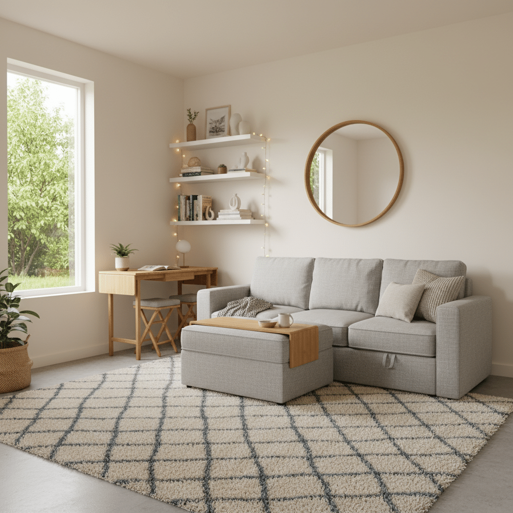 image - Handy Home Cozy living room with a gray sofa, wooden desk, large window, round mirror, and shelves with decor. Bright, minimalist design.