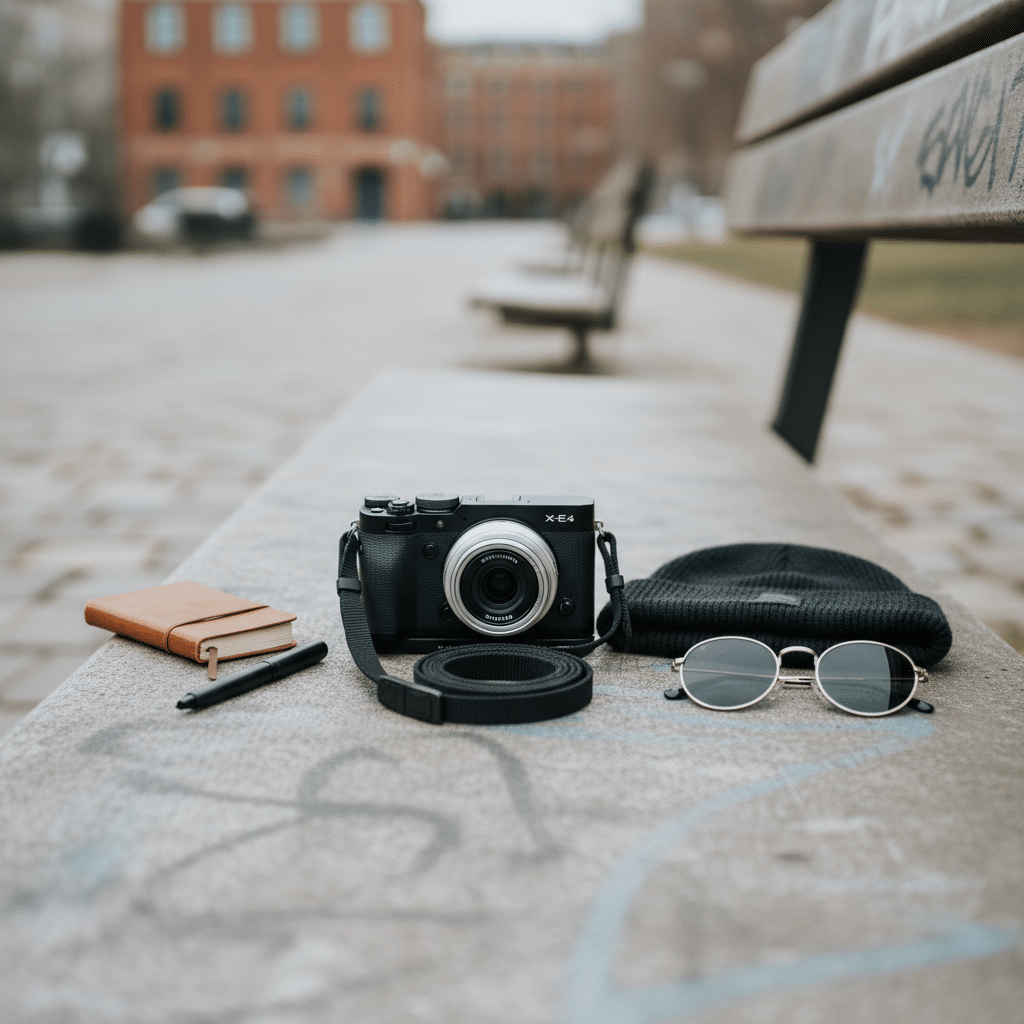 image - Handy Home Camera, sunglasses, notebook, and pen on a graffiti-covered bench, urban scene. Perfect for travel and photography enthusiasts.
