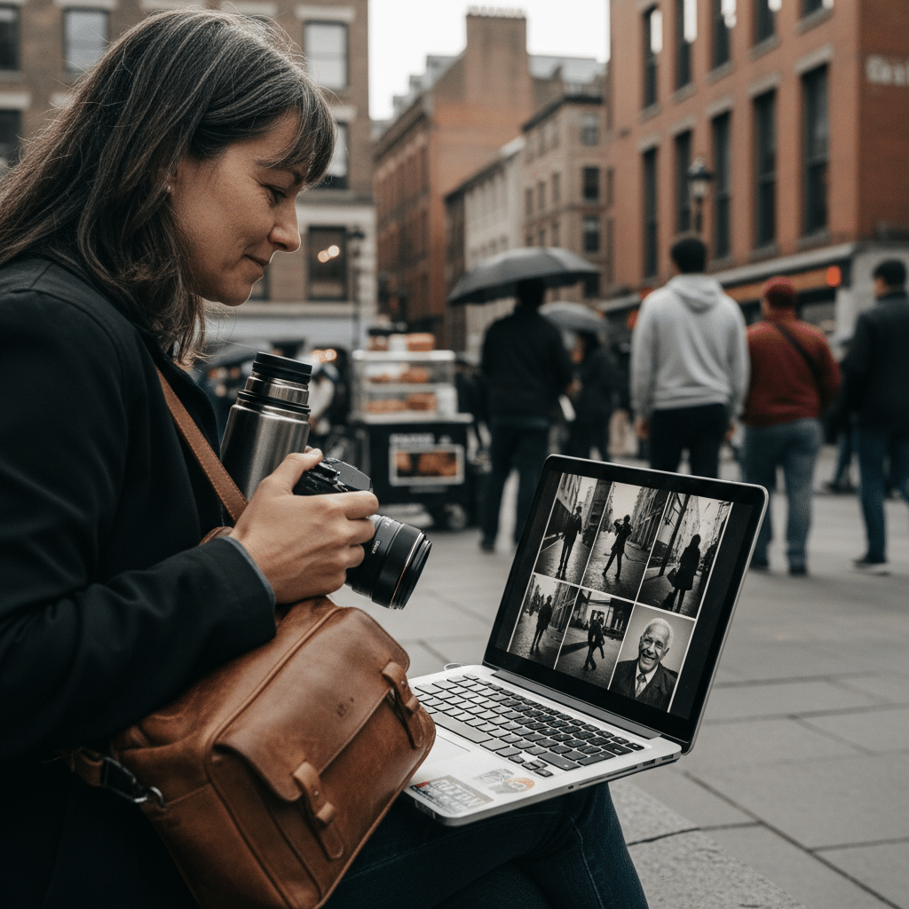 image - Handy Home Photographer reviews street photos on a laptop in an urban setting, capturing city life moments.