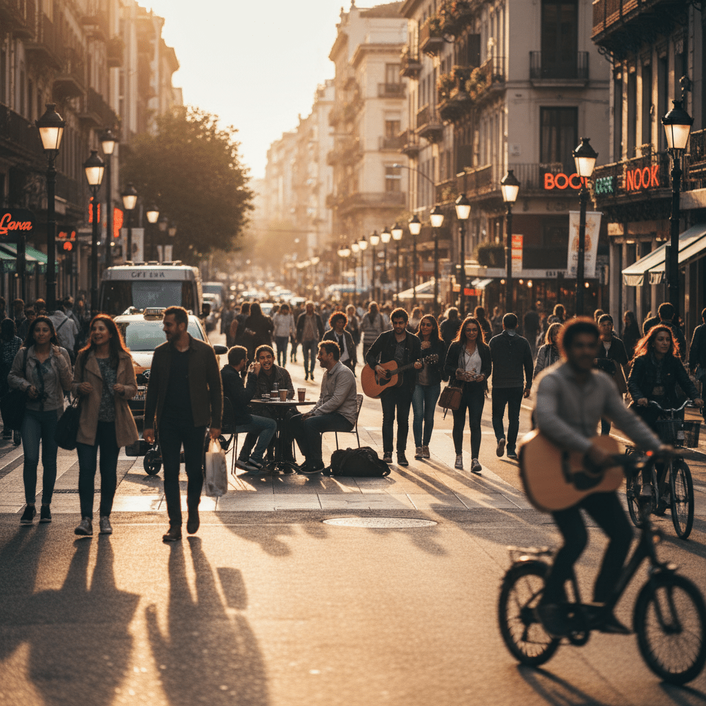 image - Handy Home Bustling city street at sunset with people walking, biking, and playing guitar, capturing lively urban atmosphere.