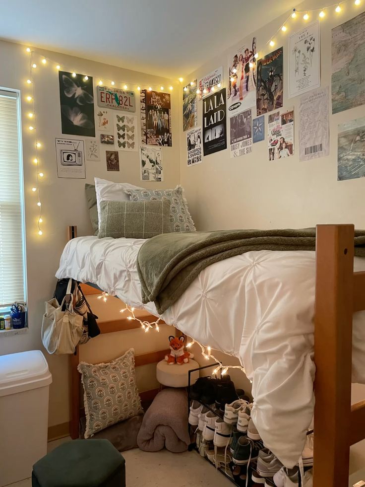 sage green dorm Cozy college dorm room with lofted bed, string lights, posters, and shoe rack, creating a warm and personalized space. - Handy Home Cozy college dorm room with lofted bed, string lights, posters, and shoe rack, creating a warm and personalized space.