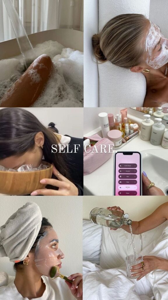 self care_ - Handy Home Collage of self-care rituals: bubble bath, face masks, skincare products, meditation app, and hydration, emphasizing relaxation.