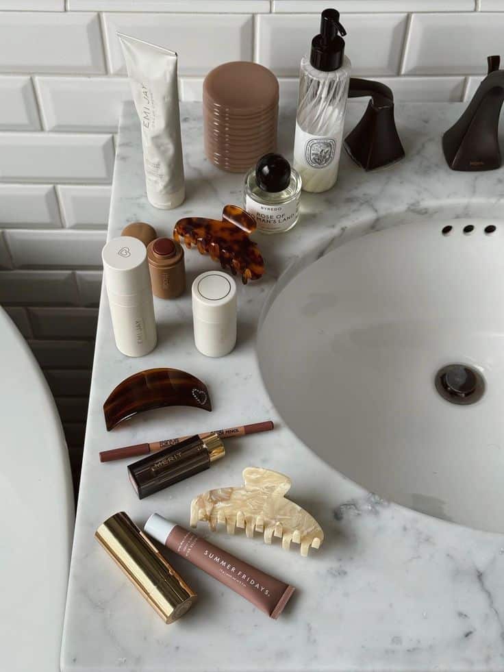 Edited in Tezza with Mood - Handy Home Skincare and beauty products on a marble countertop near a sink, including lotions, clips, and cosmetics in a stylish bathroom setting.