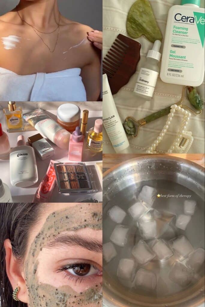 skincare inspo - Handy Home Skincare routine essentials: creams, cleansers, jade roller, face mask, and ice therapy for glowing, healthy skin. Fashion meets beauty.