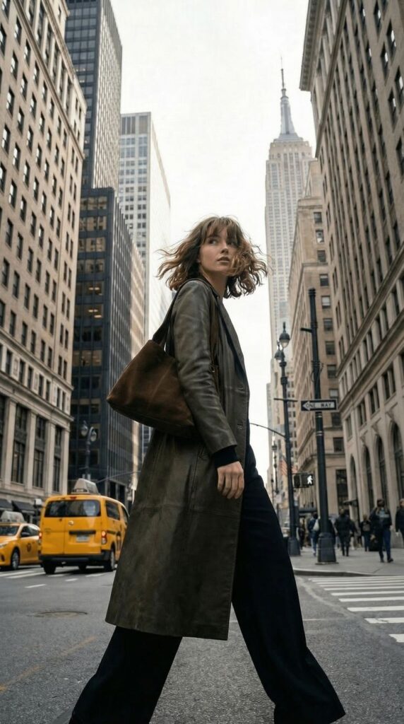 street style new York leather coat - Handy Home Woman in a long coat walks confidently in New York City with skyscrapers in the background. Urban fashion and lifestyle.