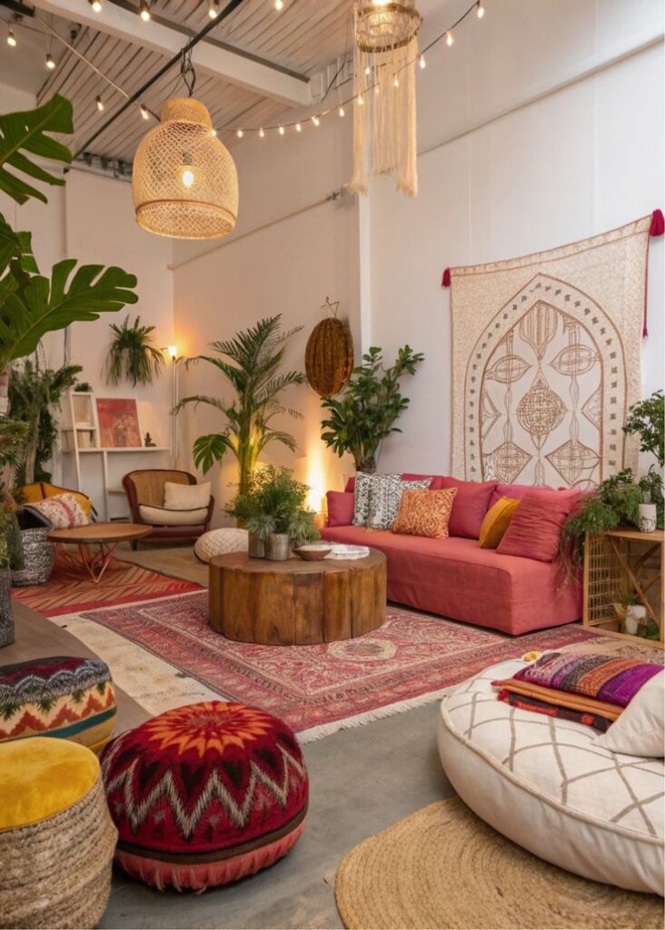 Bohemian-style living room with bright pillows, lush plants, wooden table, and tapestry, creating a cozy, artistic ambiance.