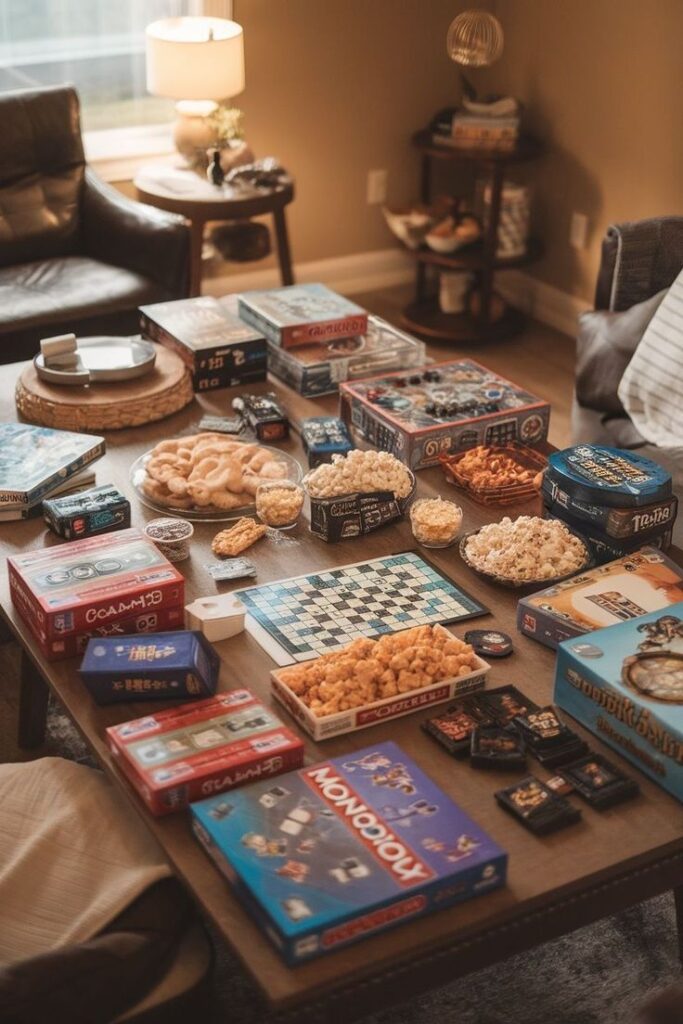 Настольные игры - Handy Home Cozy living room setup with board games and snacks on a wooden table, perfect for a fun family game night.