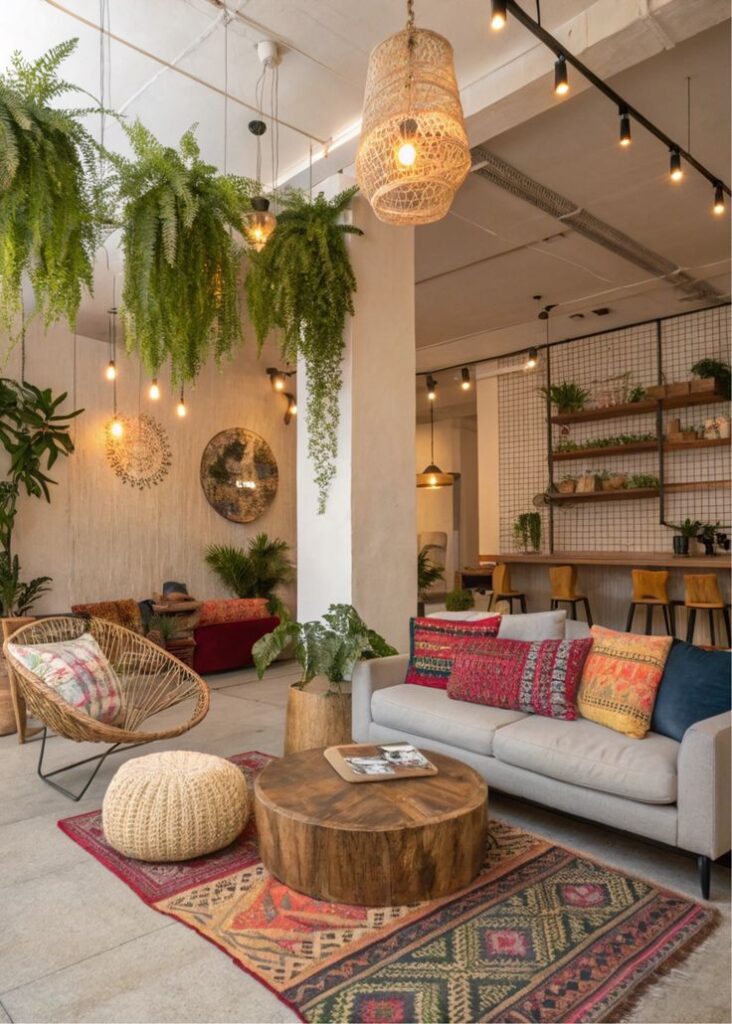 Cozy boho living room with hanging plants, woven accents, colorful pillows, and warm lighting for a relaxed atmosphere.