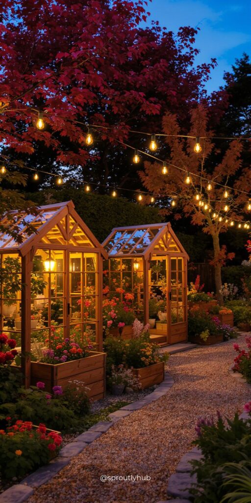 ✨ Cozy Backyard Garden with Greenhouses String Lights Cozy garden scene with illuminated wooden greenhouses, vibrant flowers, and string lights at twilight. - Handy Home Cozy garden scene with illuminated wooden greenhouses, vibrant flowers, and string lights at twilight.
