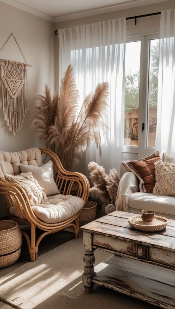 Cozy boho living room with rattan chair, pampas grass, macramé wall decor, and rustic coffee table in natural light.