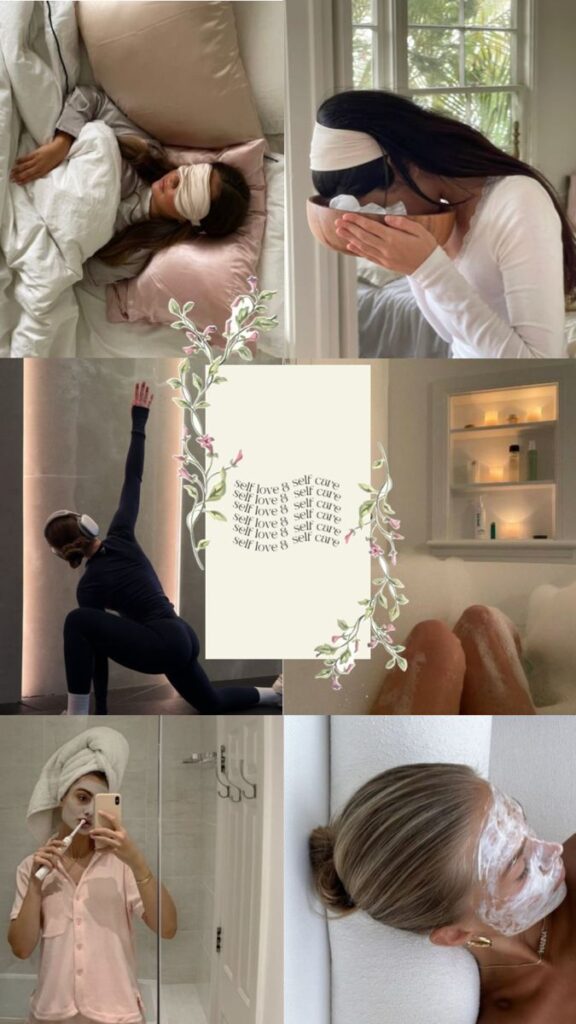 🎧🌿Self~Care🌿🎧 - Handy Home Collage of self-care activities: sleeping, steaming, yoga, bathing, skincare, with text self love & self cure. Cozy and relaxing vibes.