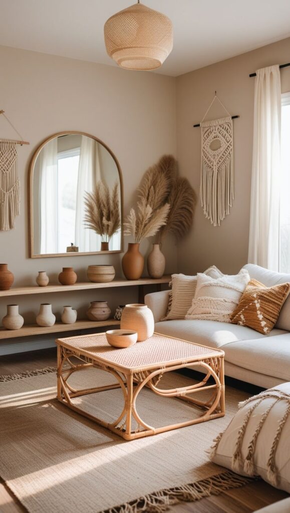 Cozy boho living room with neutral decor, wicker furniture, pampas grass, and macrame wall hangings. Warm, inviting interior design.