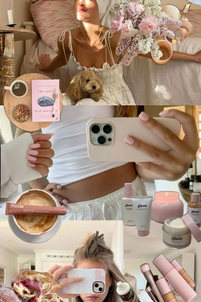 🧸 - Handy Home Woman with towel on head enjoys coffee and flowers, showcases beauty products, pink nails, and cozy lifestyle with puppy and book.