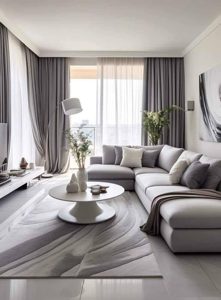 Modern living room with a white sectional sofa, round coffee table, abstract rug, and sheer curtains, highlighting minimalist decor.
